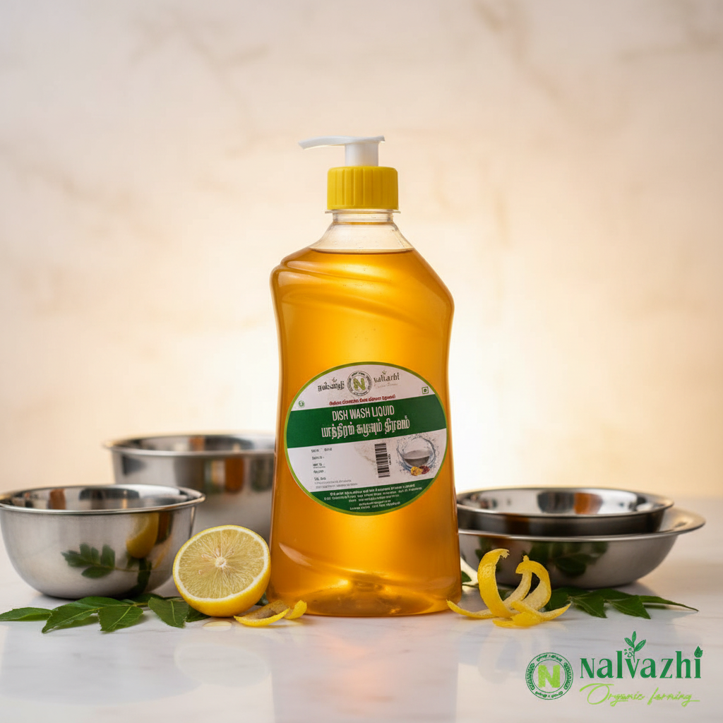 Nalvazhi Herbal Dishwash Liquid 500ml bottle with sparkling vessels, lemon and neem leaves