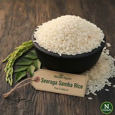 Seeraga Samba white rice in black stone bowl with curry leaves and Nalvazhi tag