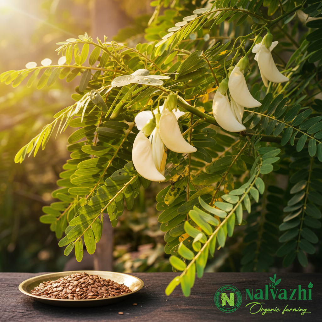 Agathi Keerai (Sesbania grandiflora) with white flowers and seeds in brass plate — Nalvazhi Organic native seeds