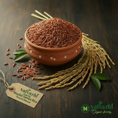 Mapilai Samba Rice in copper pot with paddy stalks - Nalvazhi Organic