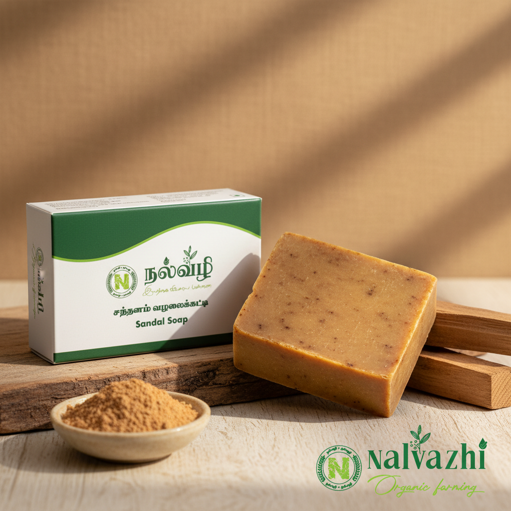 Nalvazhi Sandal Soap bar with packaging box and sandalwood props