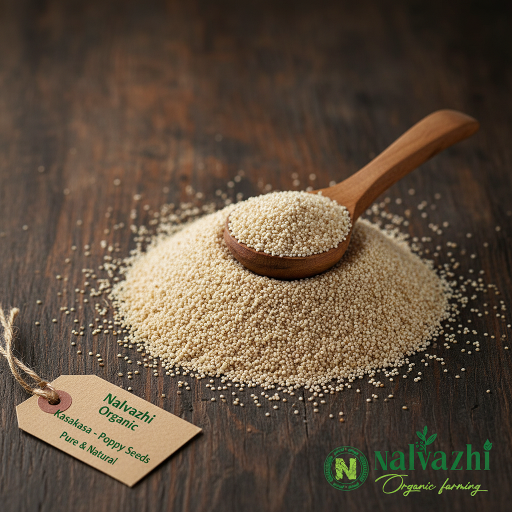 Nalvazhi Organic Kasakasa Poppy Seeds creamy white ivory on dark wooden surface with wooden spoon