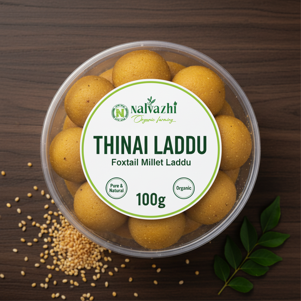 Nalvazhi Organic Thinai Laddu 100gm transparent round box with white label