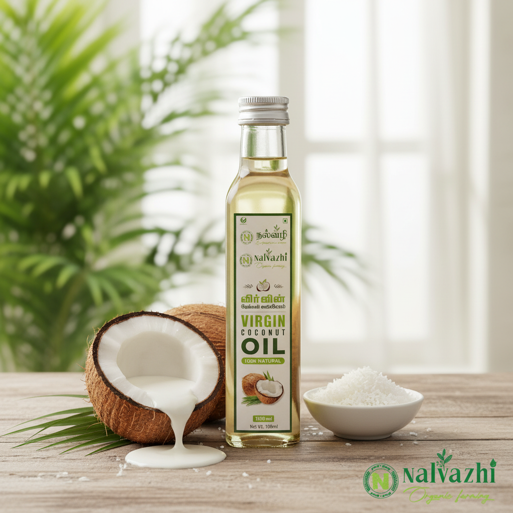 Nalvazhi Virgin Coconut Oil with natural coconut milk flowing from cracked coconut
