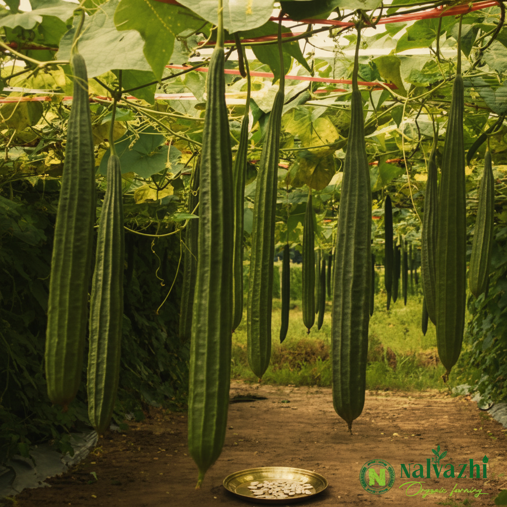 Peerkankai (Ridge Gourd) hanging from farm pandal with white seeds in brass plate — Nalvazhi Organic native seeds