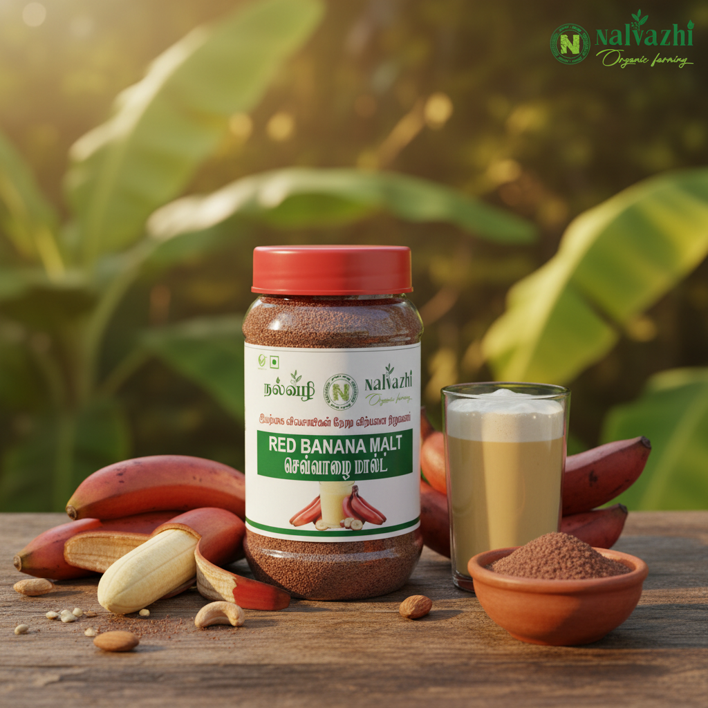 Nalvazhi Red Banana Malt jar with fresh red bananas and creamy malt drink