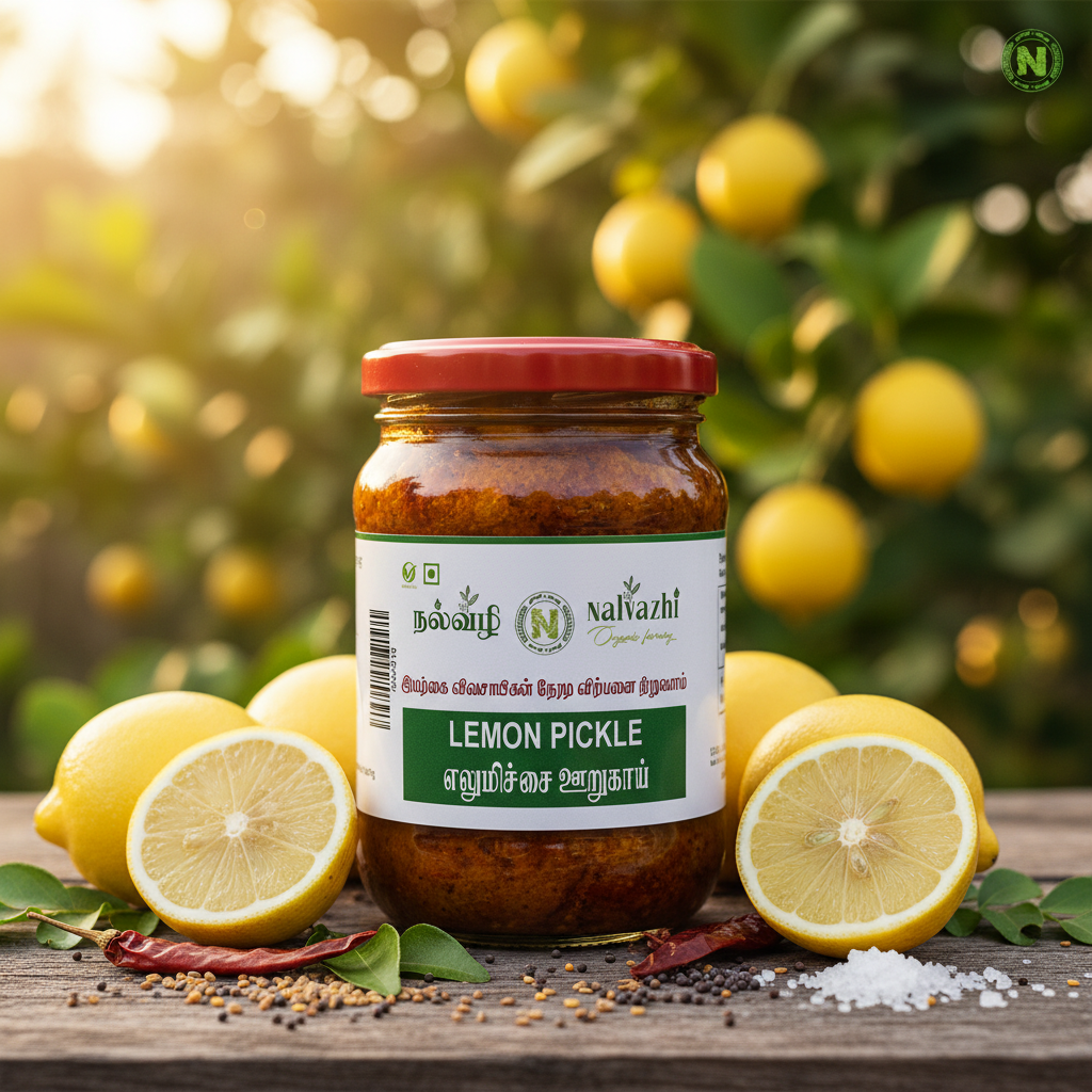 Nalvazhi Elumichai Oorugai jar with fresh yellow lemons and Nalvazhi label