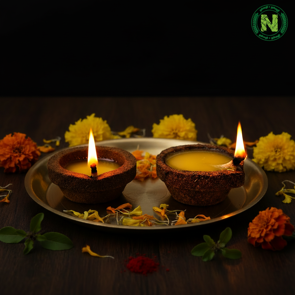 Two traditional Panjagavya Deepam cow dung lamps lit with golden ghee and bright flames in dramatic dark lighting on brass pooja plate