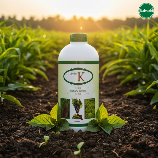 Nalvazhi Green K Bio Fertilizer 500ml bottle in farm field