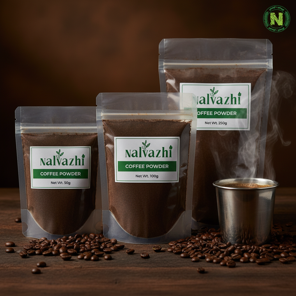 Nalvazhi Coffee Powder 50g, 100g and 250g packets side by side showing size difference with roasted coffee beans and filter kaapi tumbler