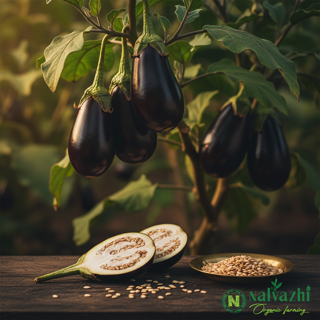 Purple Brinjal (Kathirikkai) cinematic farm shot with sliced fruit and cream seeds in brass plate — Nalvazhi Organic native seeds