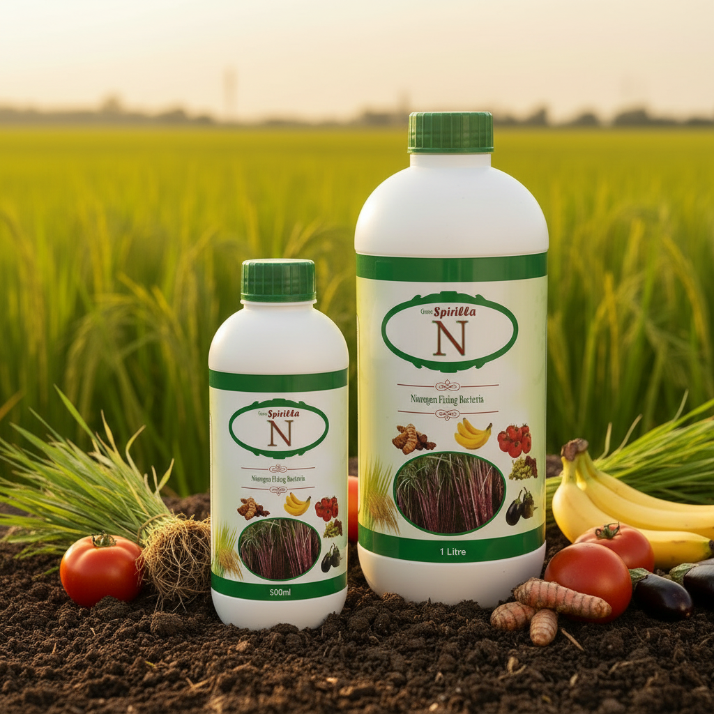 Nalvazhi Green Spirilla N Azospirillum Bio Fertilizer - 500ml and 1 litre bottles combined on fertile soil with paddy field background