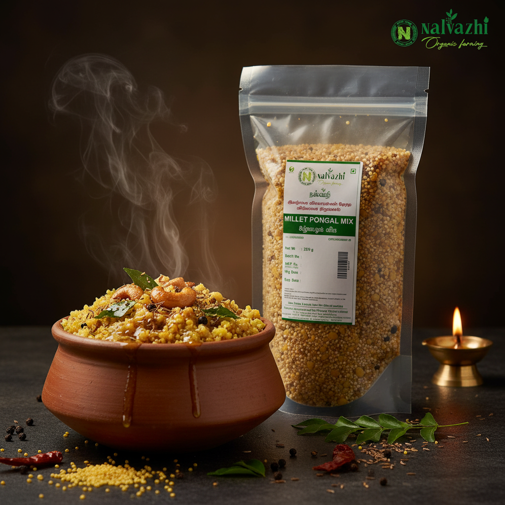 Nalvazhi Millet Pongal Mix packet with steaming clay pot of golden millet pongal garnished with ghee and cashews