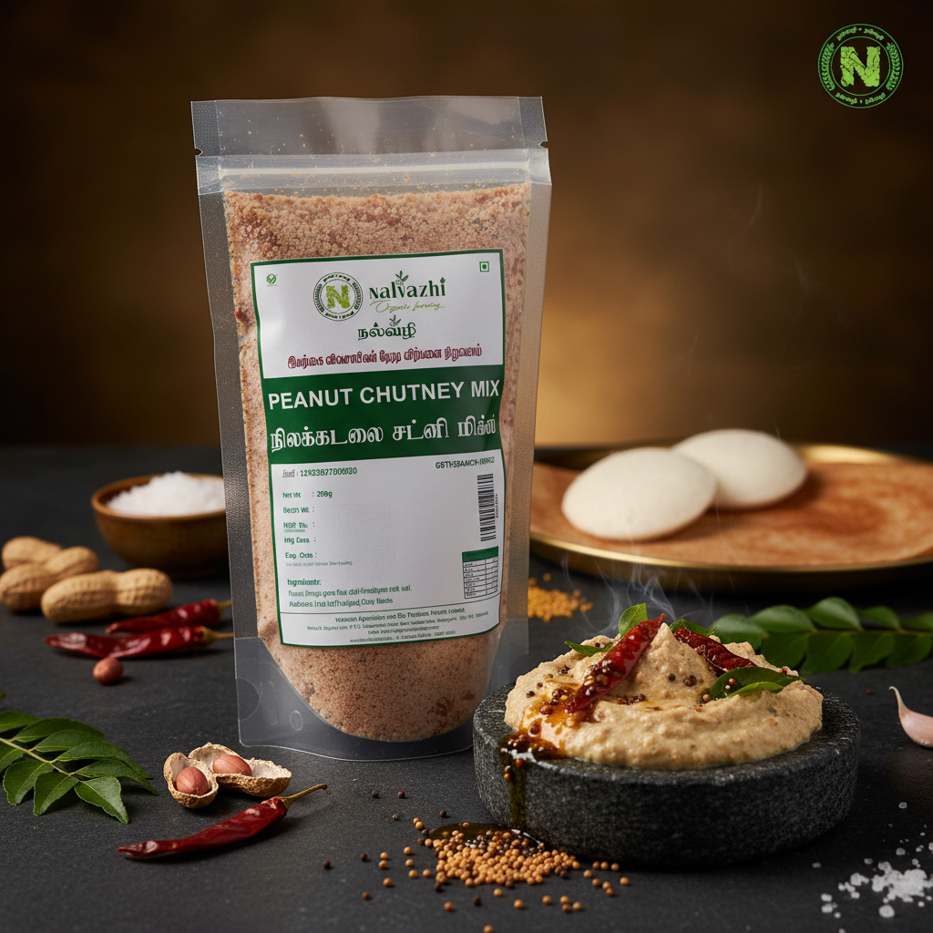 Nalvazhi Peanut Chutney Mix packet with freshly prepared peanut chutney with red chili tadka