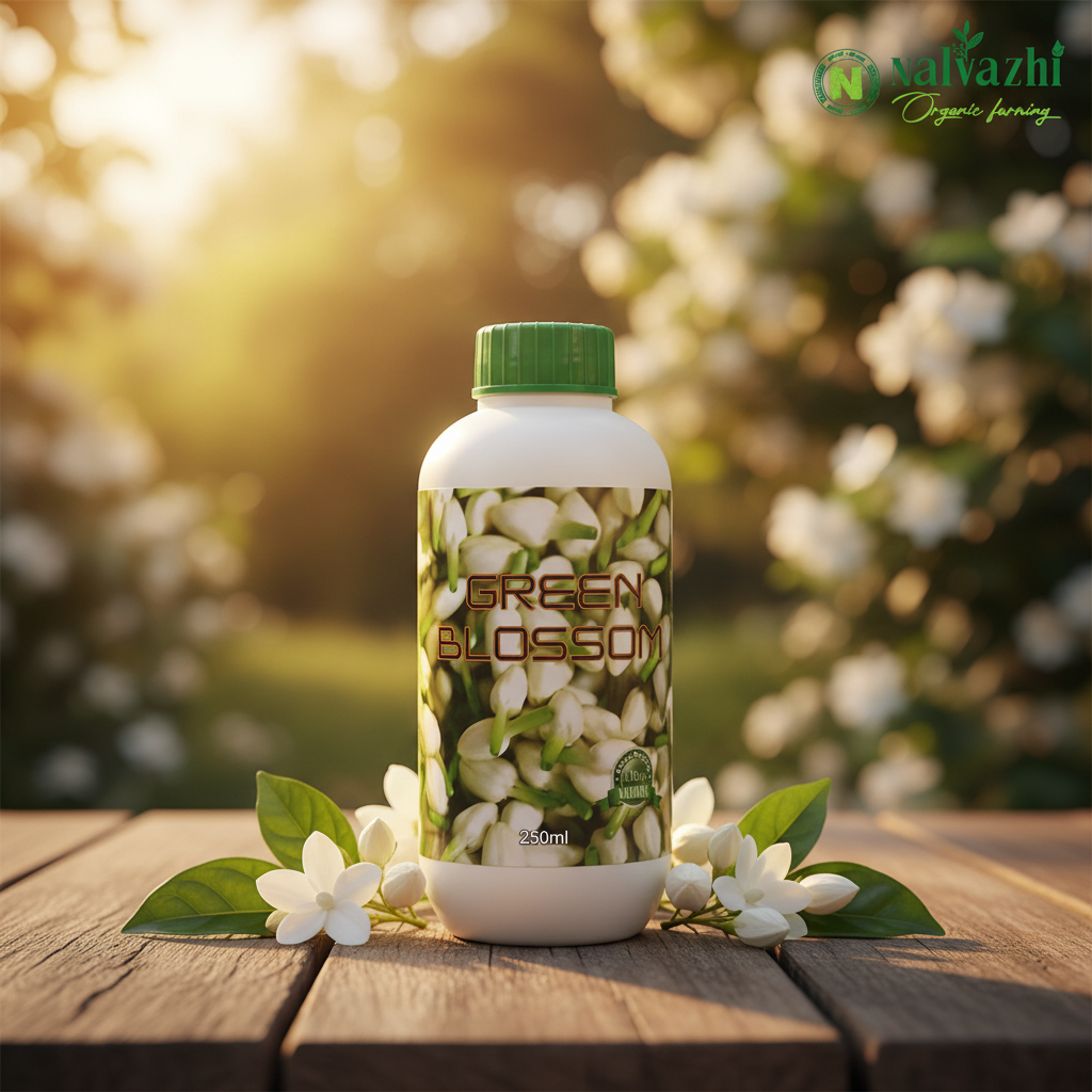Nalvazhi Green Blossom Bio Stimulant 250ml bottle with jasmine flower label on wooden surface