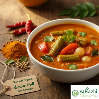 Sambar Podi with Bright Vibrant South Indian Sambar by Nalvazhi Organic Farming