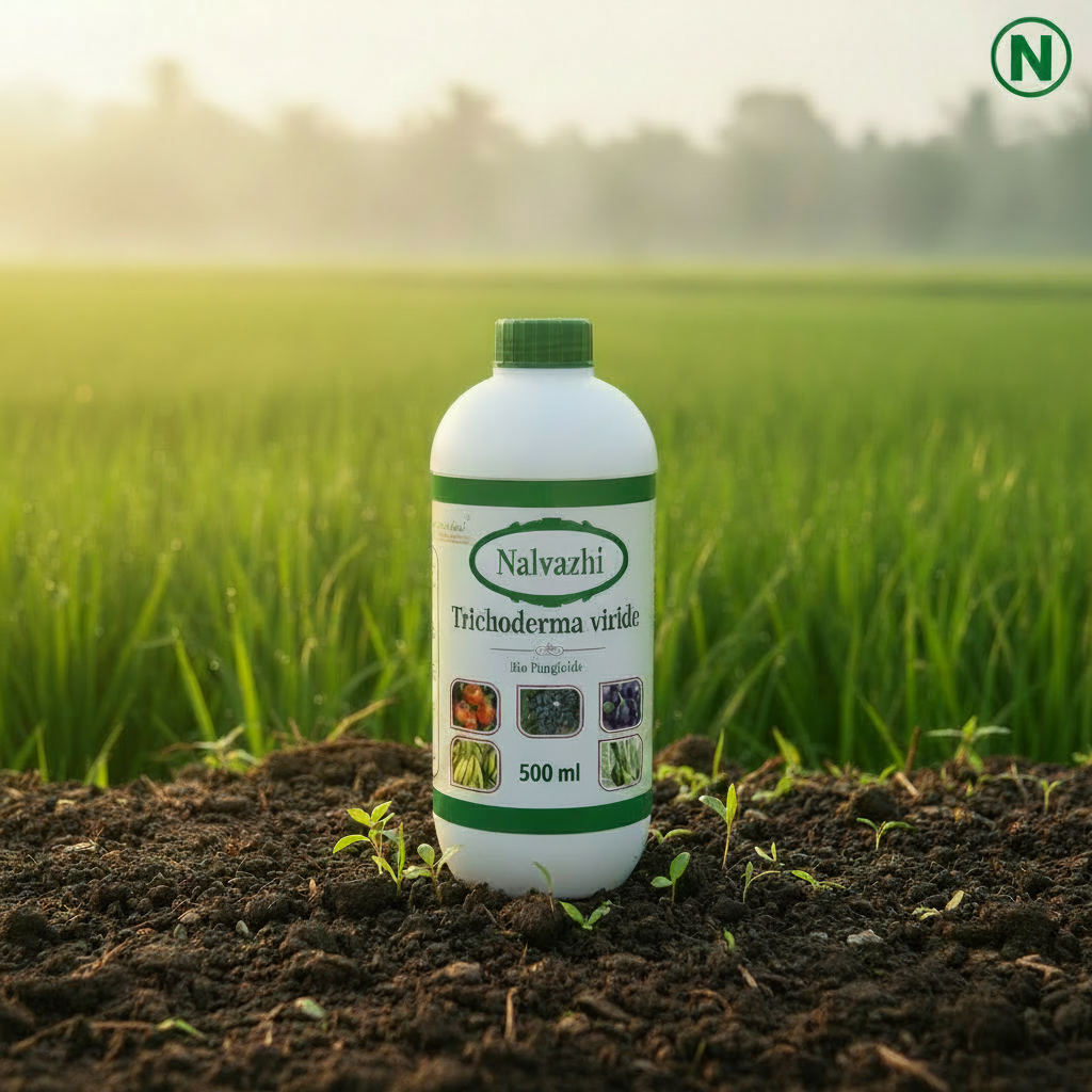 Nalvazhi Trichoderma Viride Bio Fungicide 500ml bottle in farm field