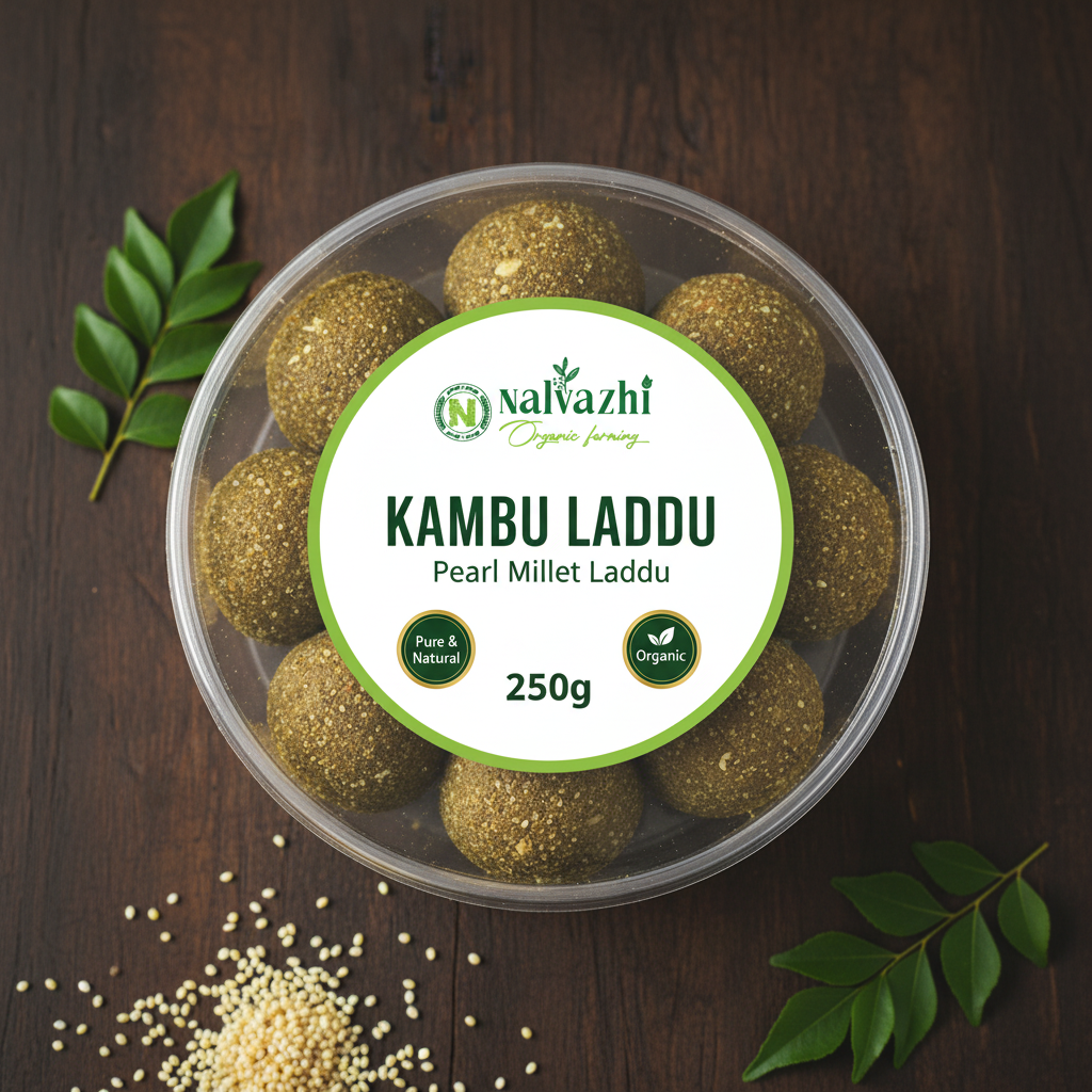 Nalvazhi Organic Kambu Laddu 250gm transparent round box with white label