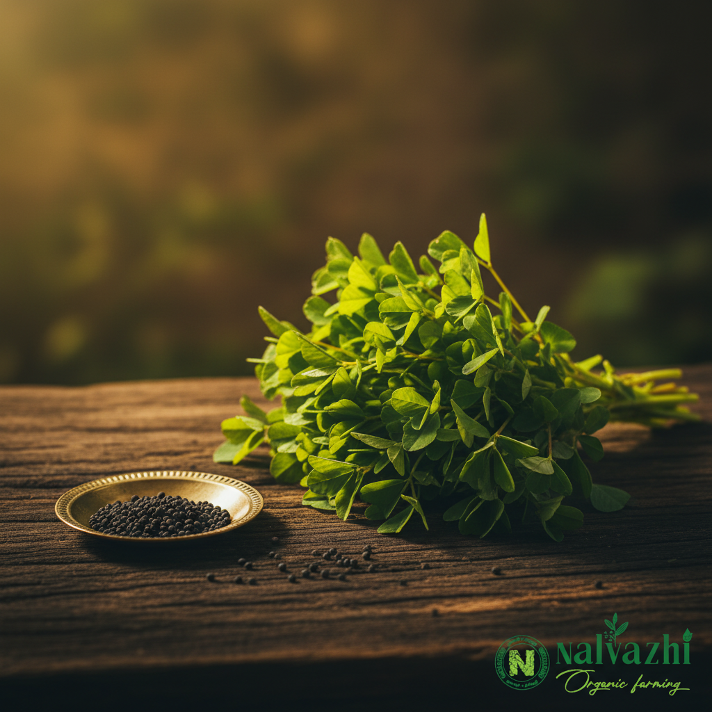 Siru Keerai (Tropical Amaranth) with tiny black seeds in brass plate — Nalvazhi Organic native seeds
