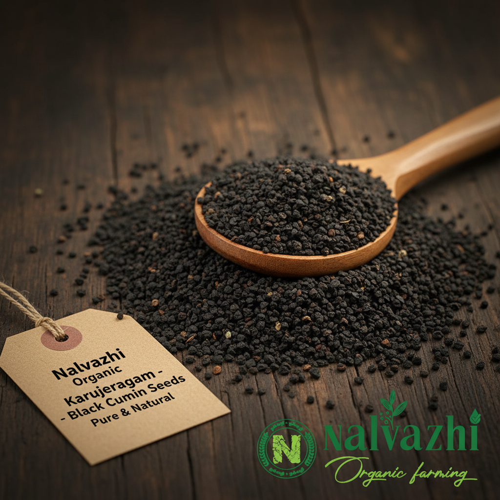 Nalvazhi Organic Karujeeragam Black Cumin Seeds on dark wooden surface with wooden spoon