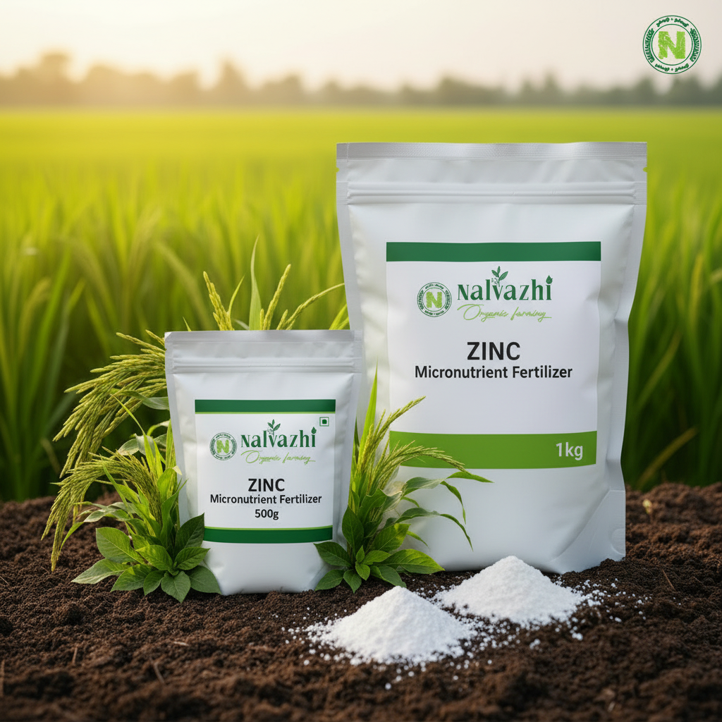 Nalvazhi Zinc Micronutrient Fertilizer - 500g and 1kg bags combined on fertile soil with paddy field background