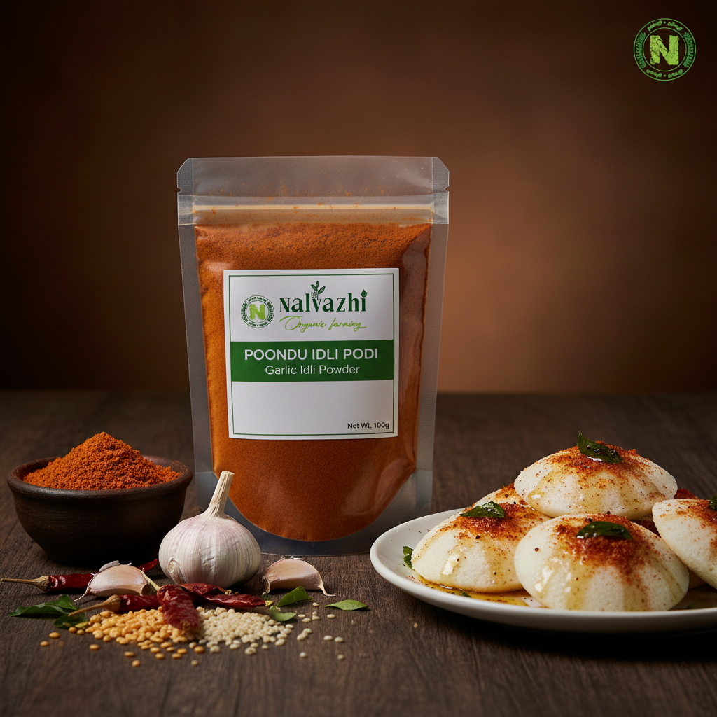 Nalvazhi Poondu Idli Podi packet on rustic dark wooden surface with fresh garlic, red chillies and idlis topped with reddish-orange podi and sesame oil