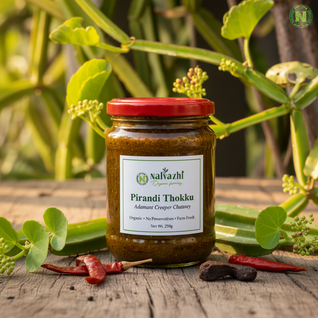 Nalvazhi Pirandai Thokku jar with fresh Pirandai stems and Nalvazhi label