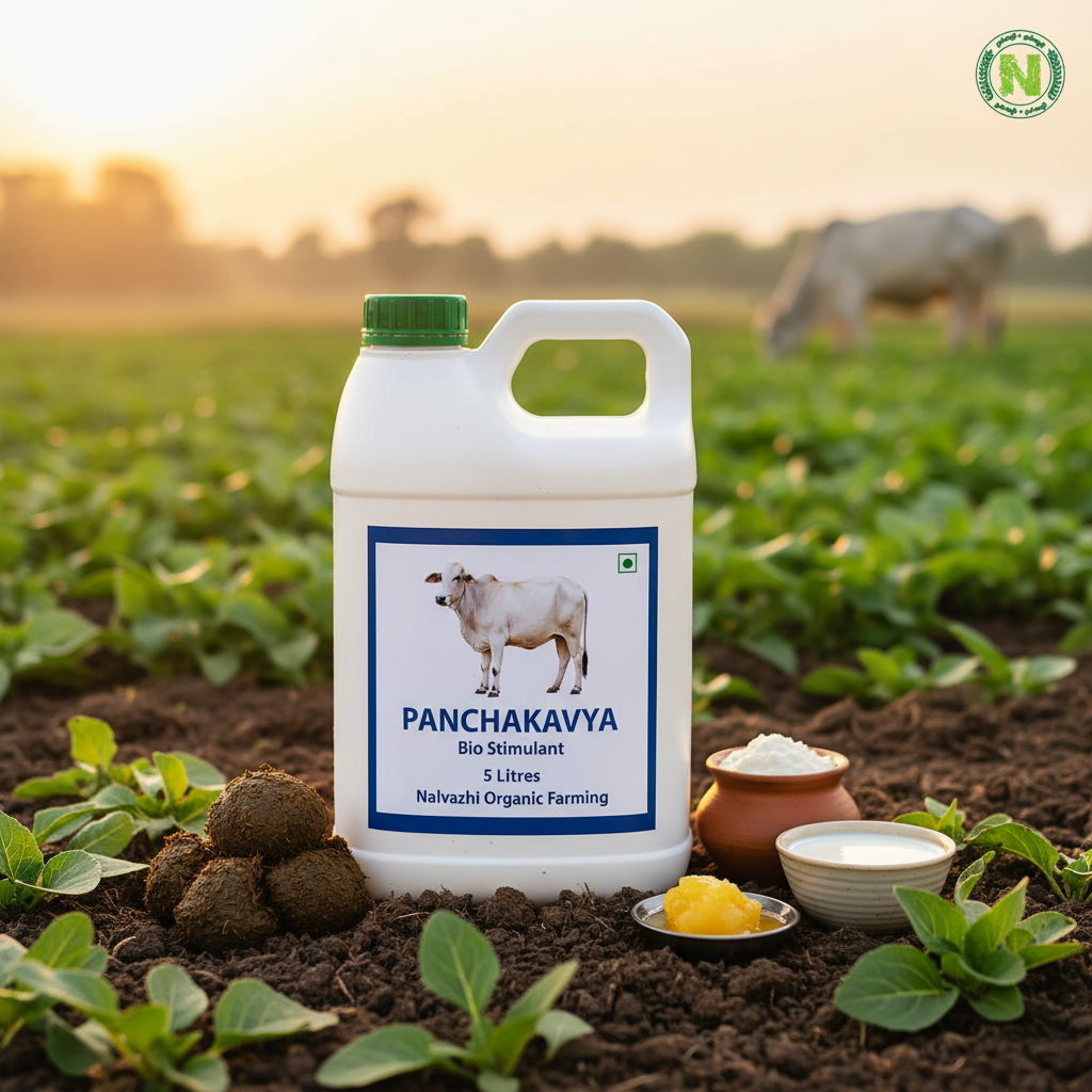 Nalvazhi Panchakavya Bio Stimulant 5 litre jerry can on fertile soil with Indian cow and farm background
