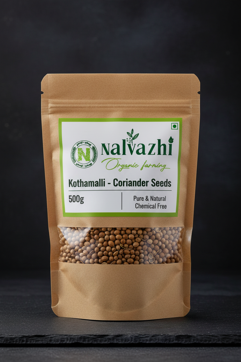 Nalvazhi Organic Kothamalli Coriander Seeds 500g kraft pouch
