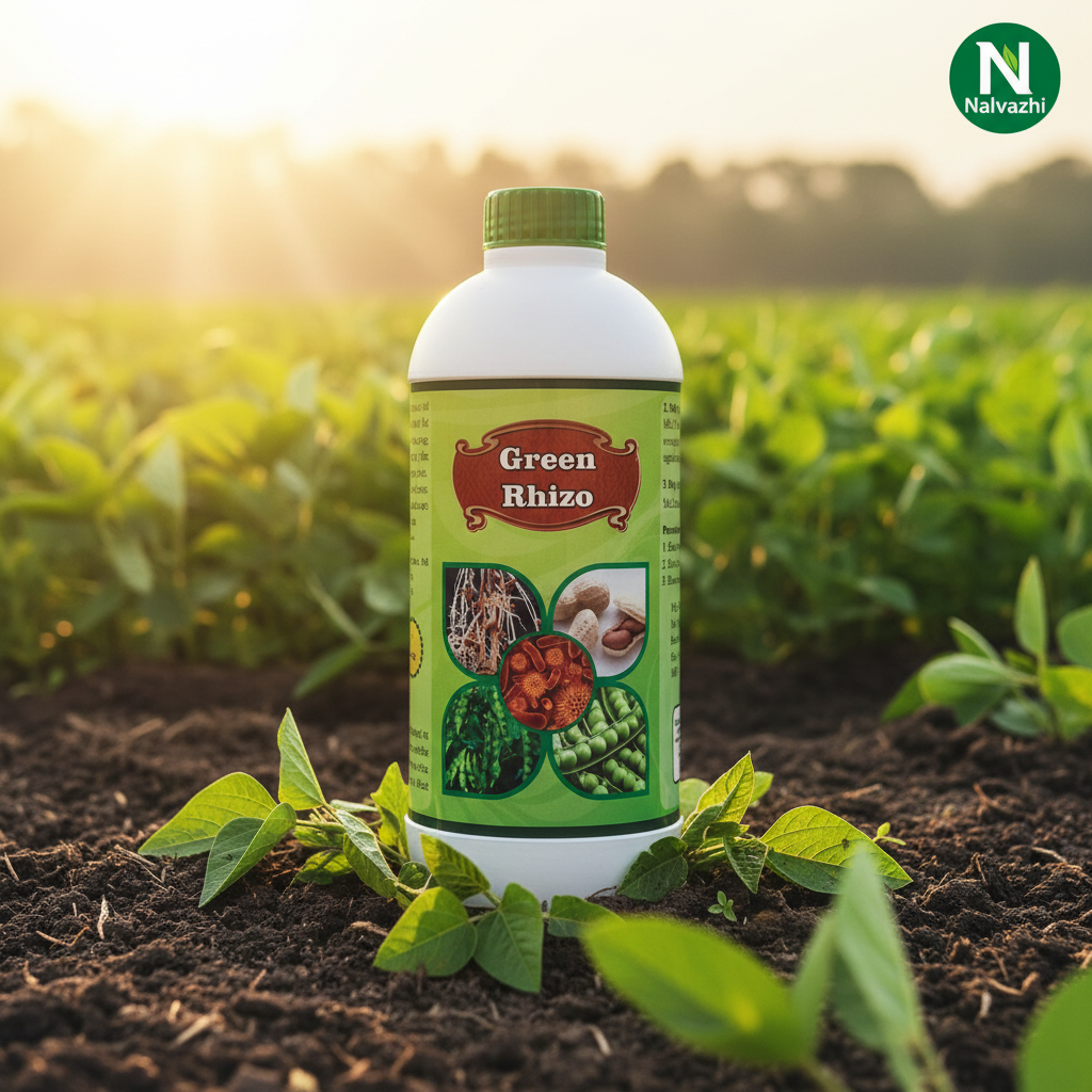Nalvazhi Green Rhizo Rhizobium Bio Fertilizer bottle in farm field