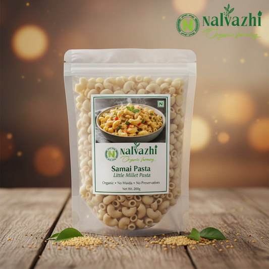 Samai Little Millet Elbow Pasta in clear stand-up pouch with Nalvazhi branded sticker