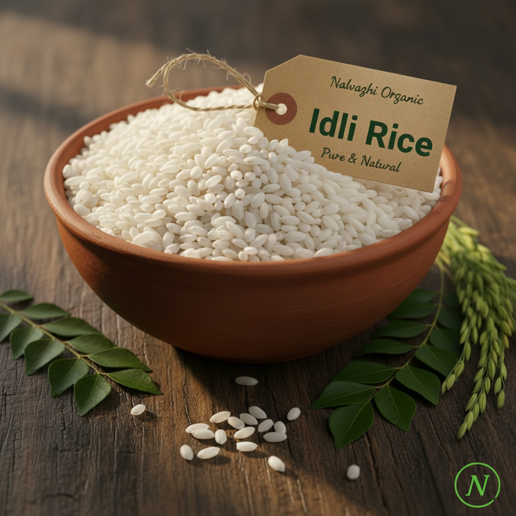 Round white idli rice in traditional terracotta bowl