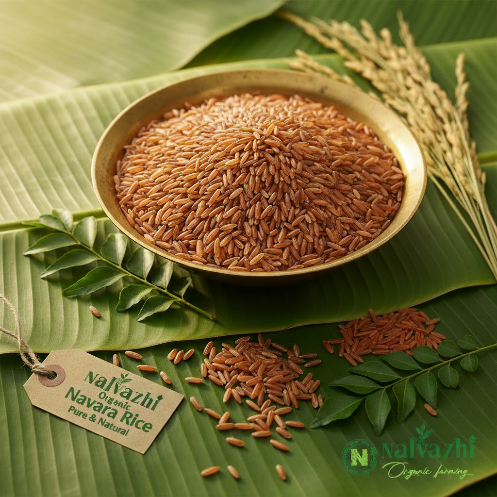 Navara Rice in brass uruli on banana leaf background - Nalvazhi Organic