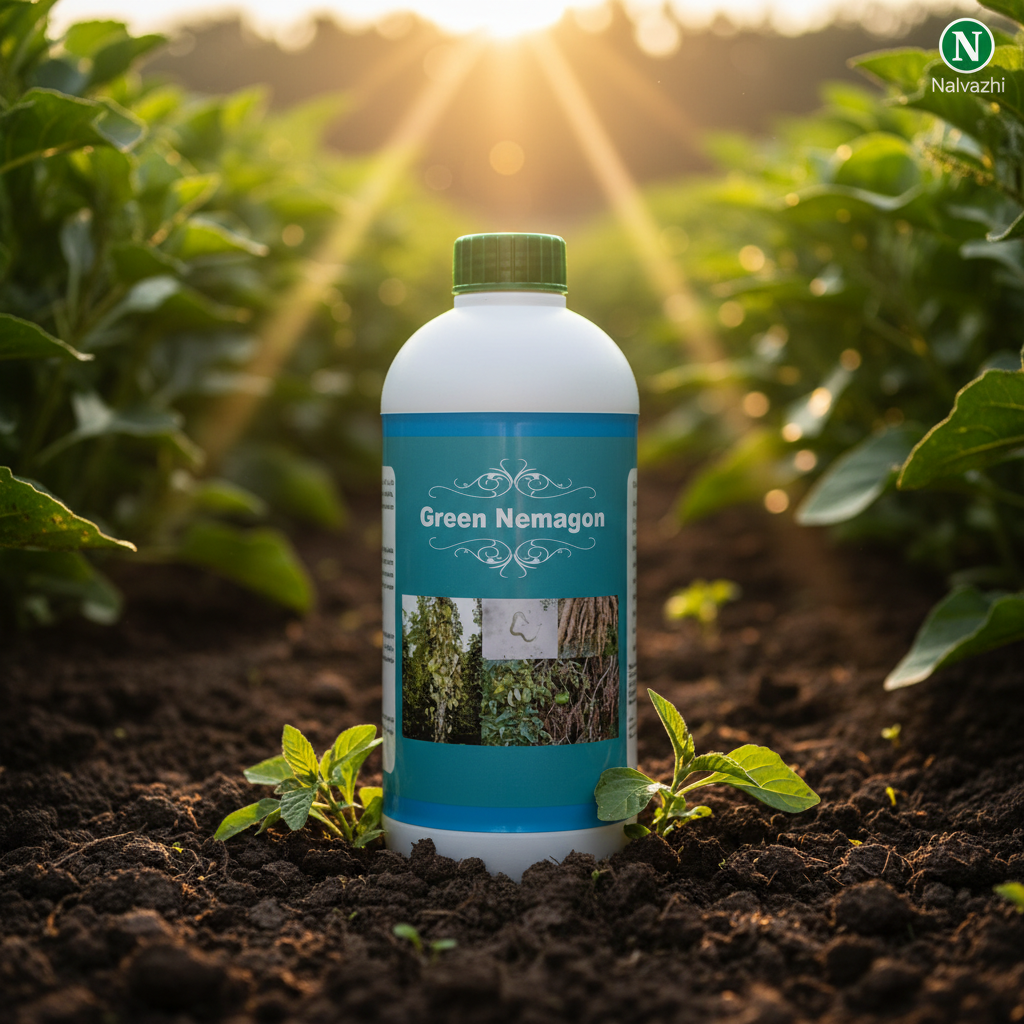 Nalvazhi Green Nemagon Bio Nematicide bottle in farm field