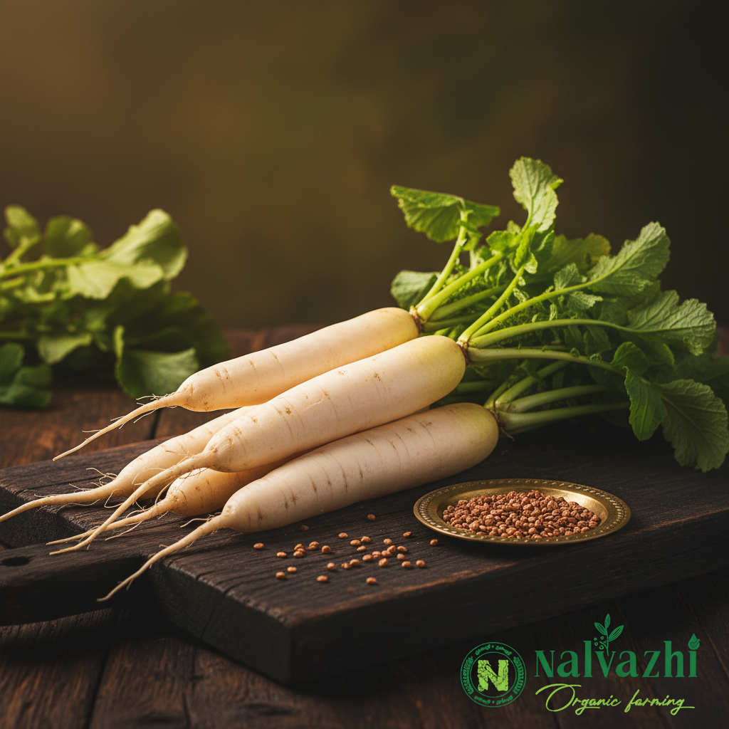 White Radish (Vellai Mullangi) long smooth pure white with green leafy tops and reddish-brown seeds in brass plate — Nalvazhi Organic native seeds