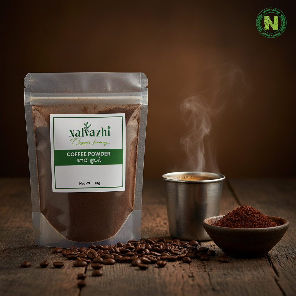 Nalvazhi Coffee Powder 100g packet on rustic dark wooden surface with roasted coffee beans and filter kaapi tumbler