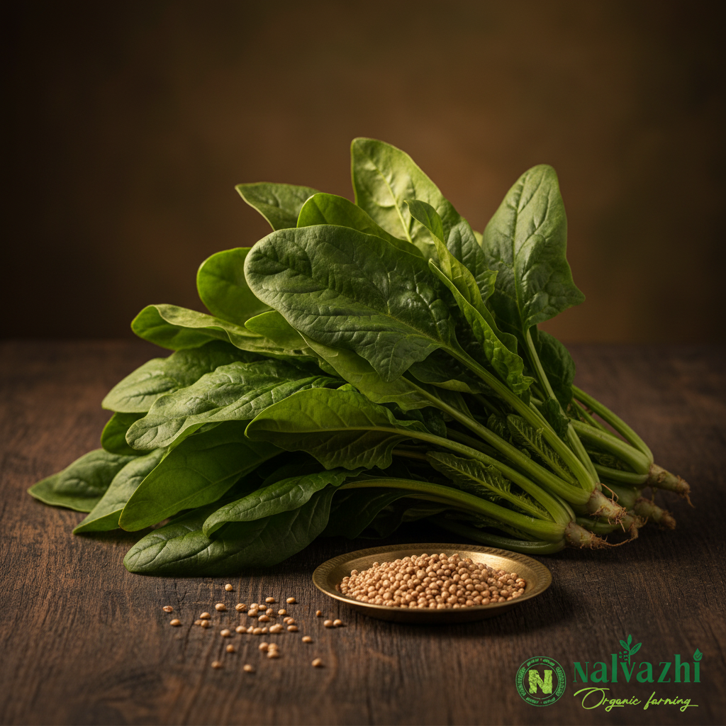 Paalak (Spinach) fresh bunch with large broad dark green leaves and tiny cream seeds in brass plate — Nalvazhi Organic native seeds