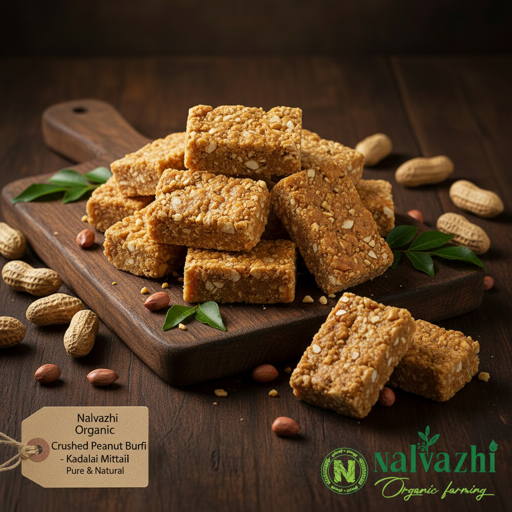 Organic Crushed Peanut Burfi Kadalai Mittai on dark wooden board with kraft tag and Nalvazhi logo