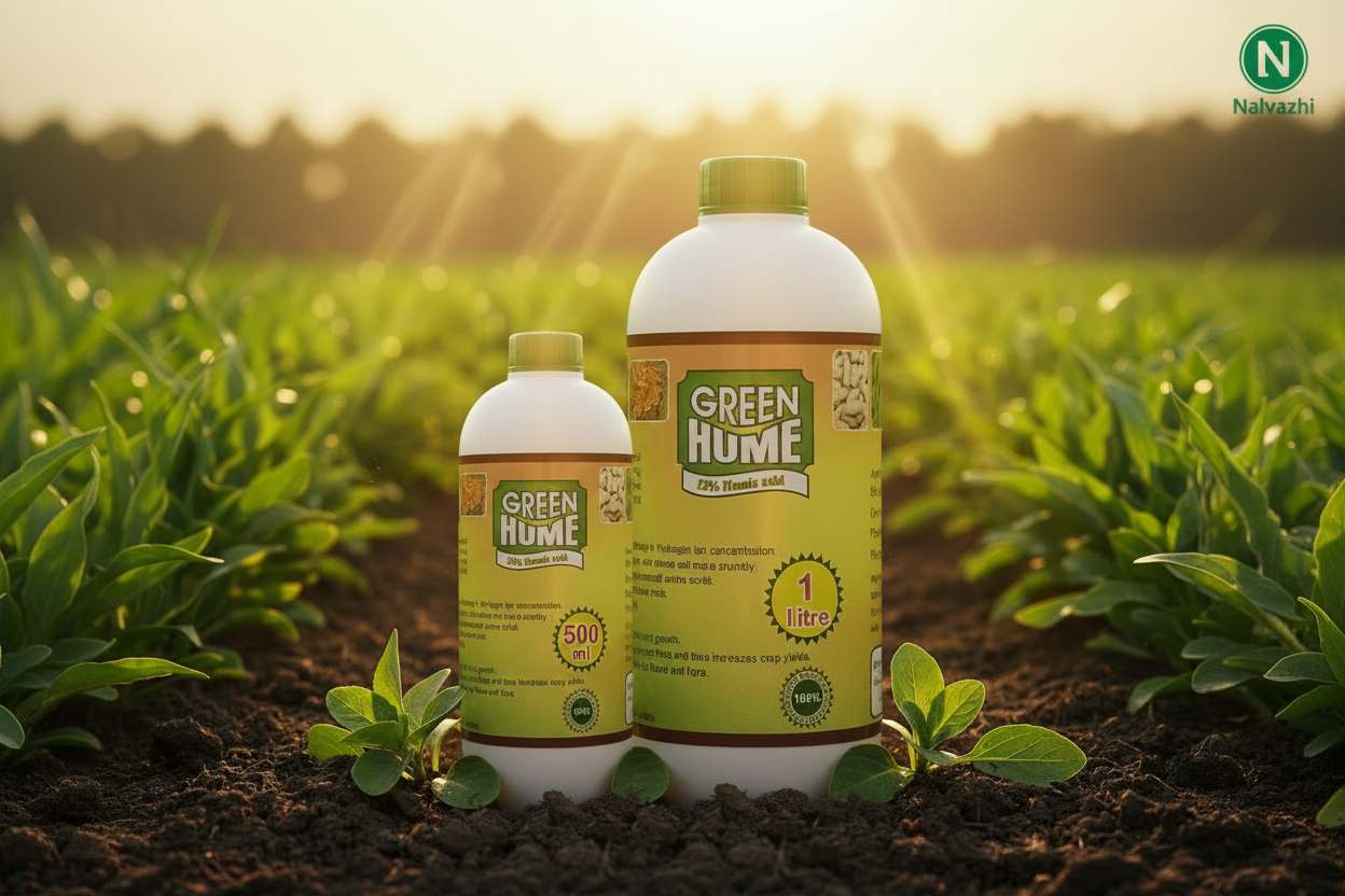 Nalvazhi Green Hume 12% Humic Acid Bio Fertilizer 500ml and 1 Litre bottles together in farm field