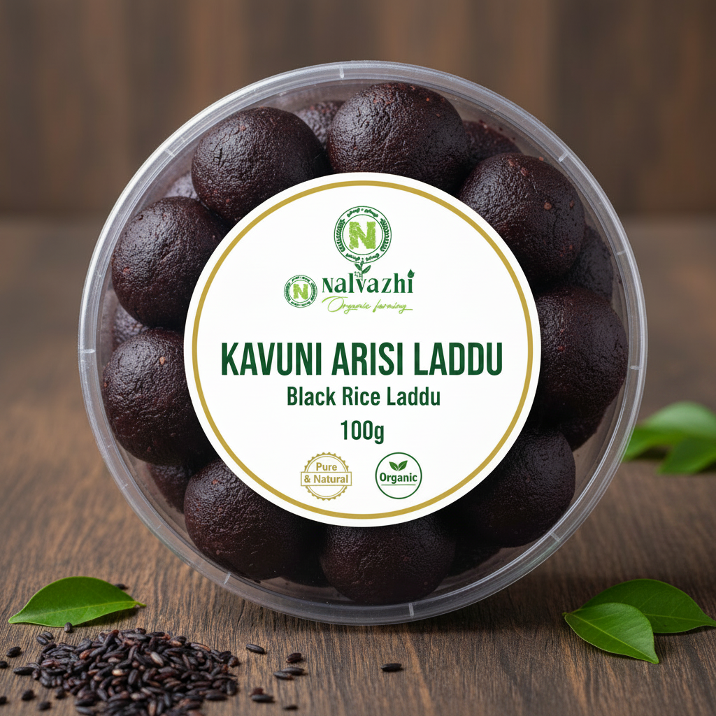 Nalvazhi Organic Kavuni Arisi Laddu 100gm transparent round box with white label