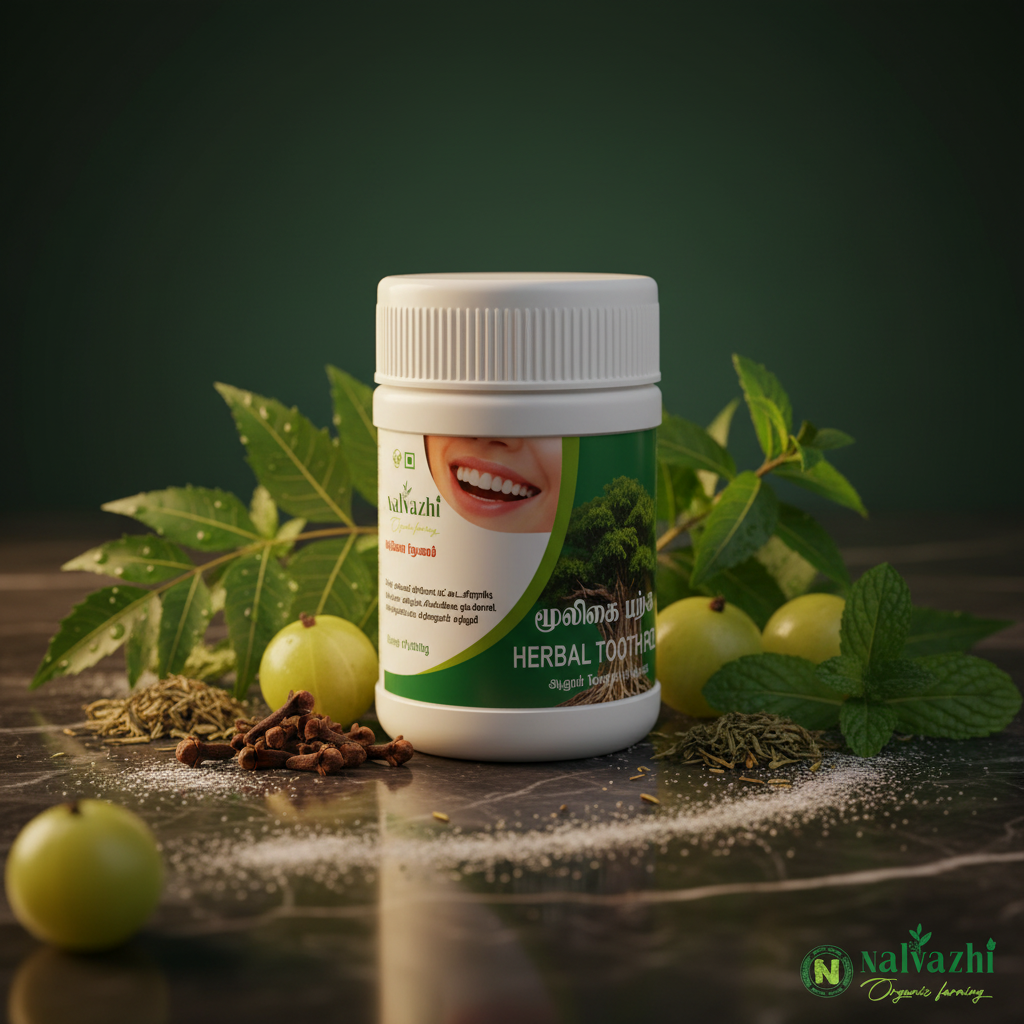 Nalvazhi Organic Muligai Herbal Tooth Powder jar with cloves, neem, amla and mint on dark green background