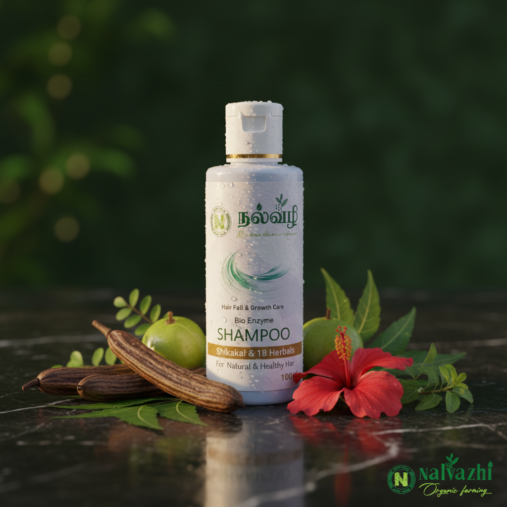 Nalvazhi Organic Bio Enzyme Shampoo with natural herbs on dark green background
