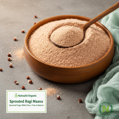 Sprouted Ragi Maavu - Powder in Wooden Bowl